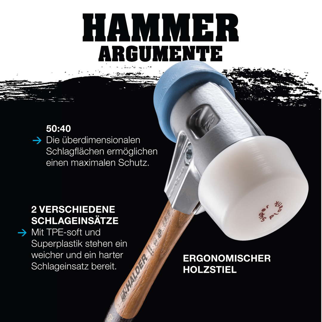 SIMPLEX-Schonhammer, 50:40, TPE-soft; mit Tempergussgehäuse und hochwertigem Holzstiel | D=50 mm | 3001.051