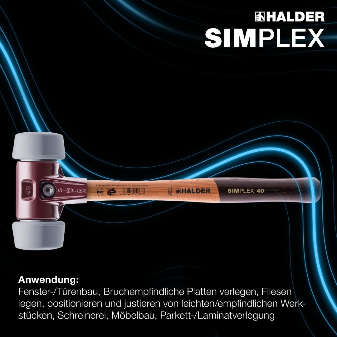 SIMPLEX-Schonhammer, 50:40, TPE-mid; mit Tempergussgehäuse und hochwertigem Holzstiel | D=50 mm | 3003.051