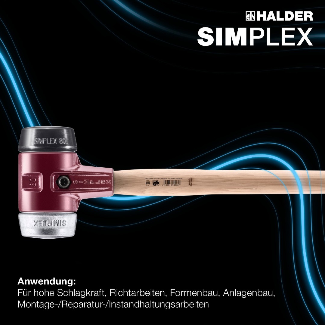 SIMPLEX-Vorschlaghammer, Gummikomposition / Weichmetall; mit Tempergussgehäuse und Hickorystiel | D=80 mm | 3029.081