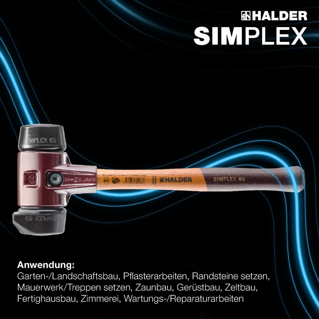 Młotek z miękkim obuchem SIMPLEX, gumowy, ze stojakiem; z obudową z żeliwa ciągliwego i wysokiej jakości drewnianym trzonkiem | D=80 mm | 3022.280