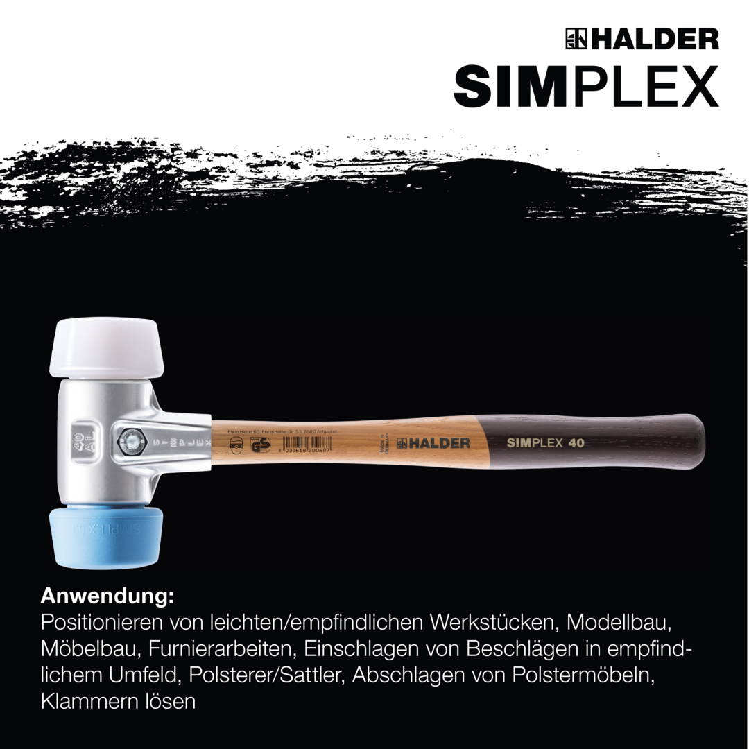 SIMPLEX-Schonhammer, 50:40, TPE-soft / Superplastik; mit Aluminiumgehäuse und hochwertigem Holzstiel | D=50 mm | 3117.051