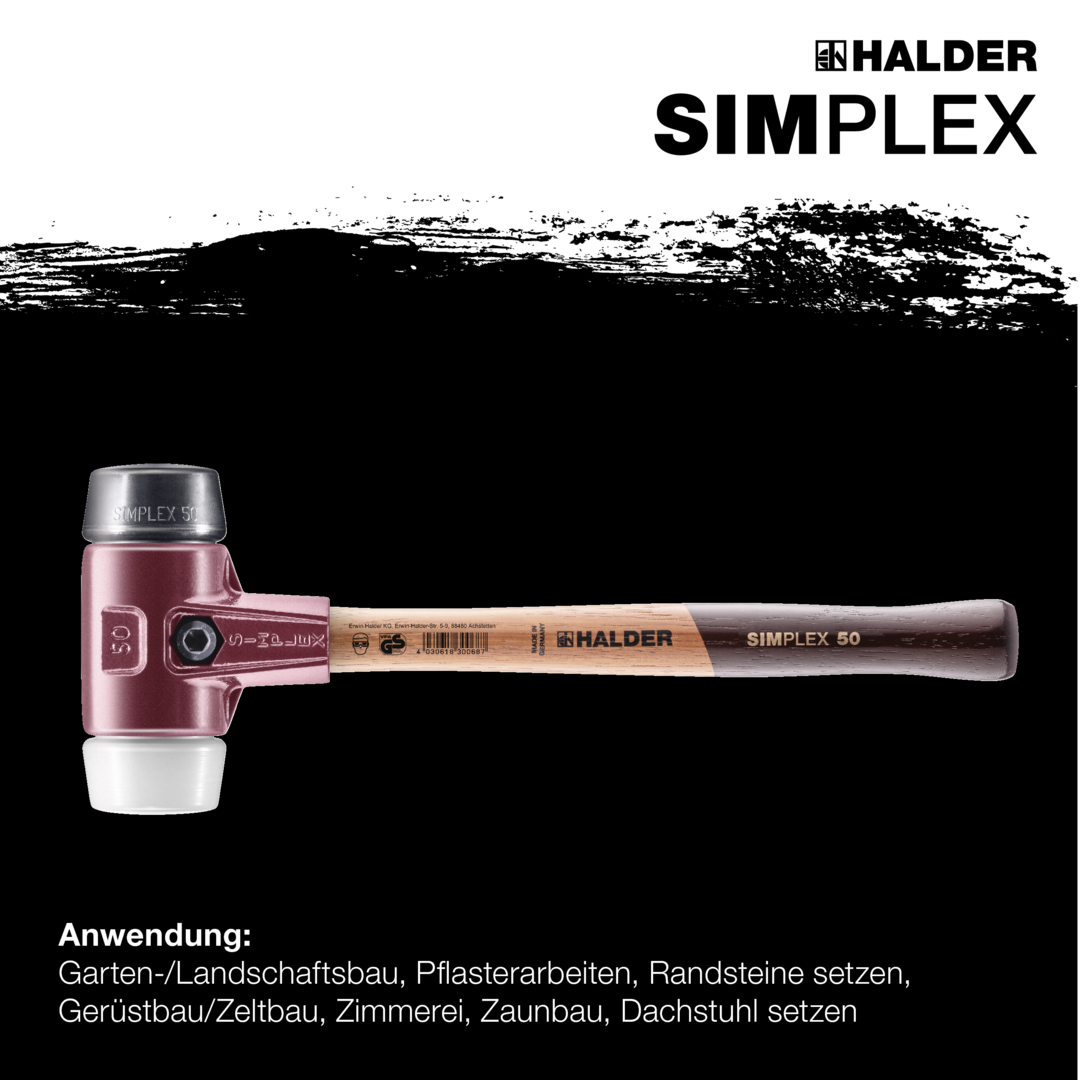 SIMPLEX-Schonhammer, Gummikomposition / Superplastik; mit Tempergussgehäuse und hochwertigem Holzstiel | D=50 mm | 3027.050