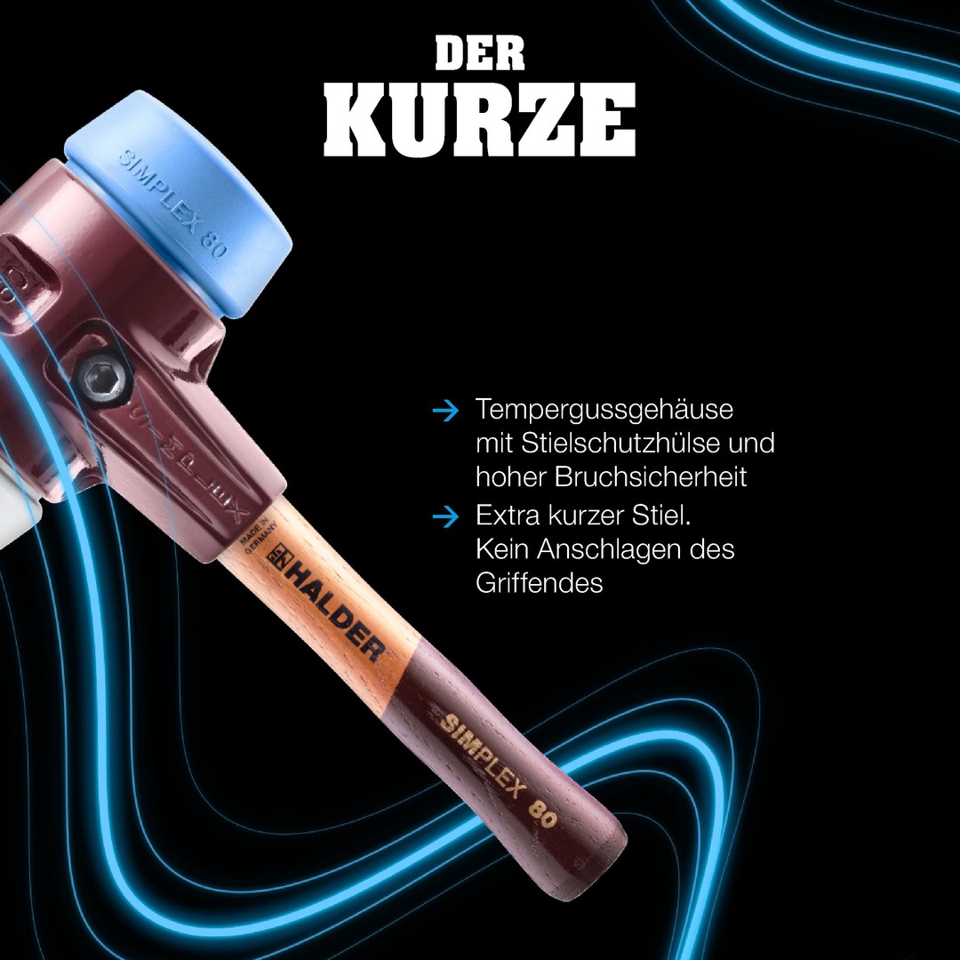 Młotek SIMPLEX z miękkim obuchem, TPE-miękki; z korpusem z żeliwa ciągliwego i wysokiej jakości, bardzo krótkim drewnianym trzonkiem | D=80 mm / konstrukcja trzonka=ekstra krótki | 3001.082 SIMPLEX-Schonhammer, Gummikomposition, mit Standfuß / Superplastik; mit Tempergussgehäuse und hochwertigem extra kurzen Holzstiel | D=60 mm / Stielausführung=extra kurz | 3027.262