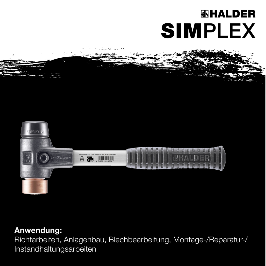 SIMPLEX-Schonhammer, Gummikomposition / Kupfer; mit verstärktem Tempergussgehäuse und Fiberglasstiel | D=40 mm | 3724.040