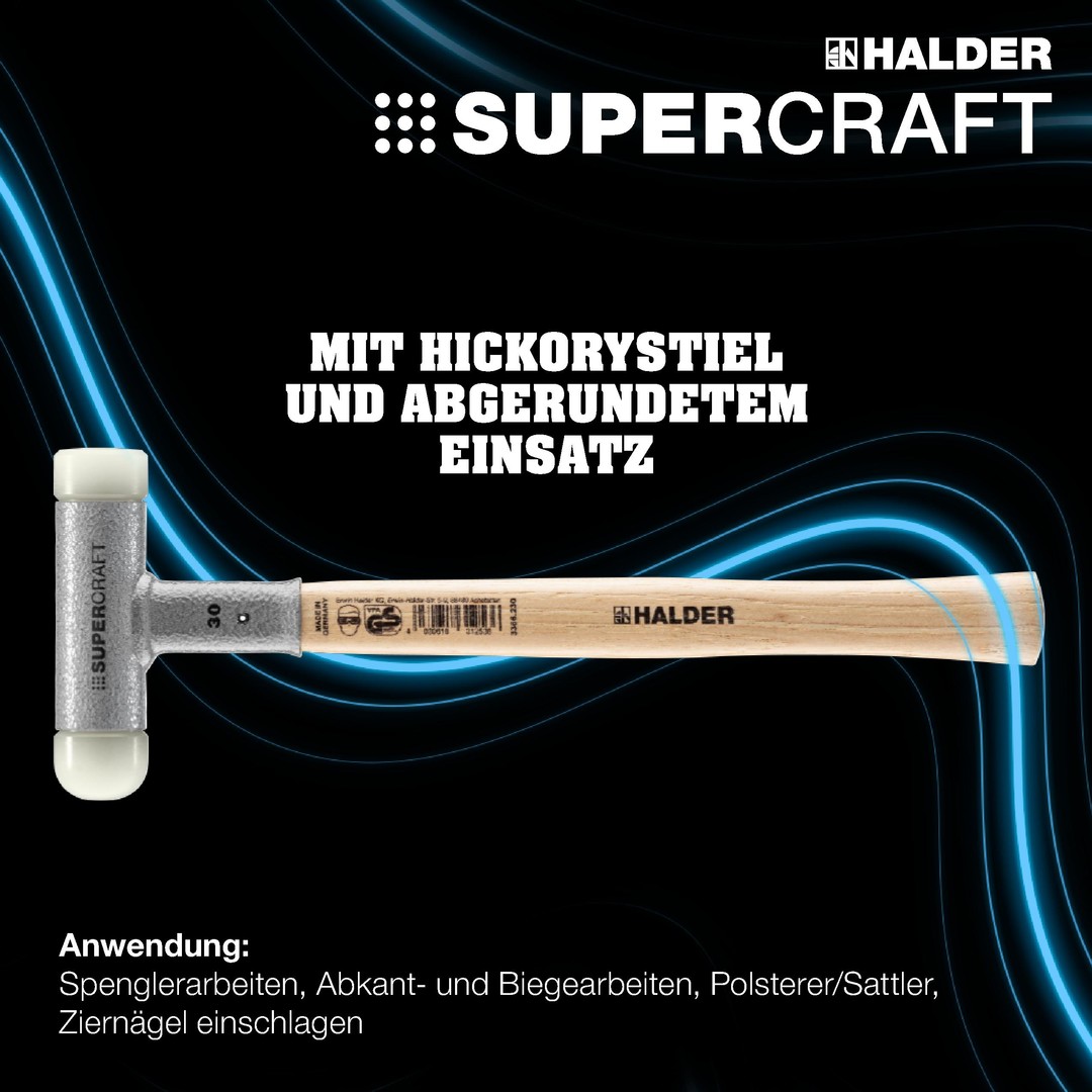 SUPERCRAFT-Schonhammer, mit schwingungsdämpfendem, ergonomisch geformtem und lackiertem Hickorystiel und abgerundetem Einsatz | D=30 mm | 3366.230