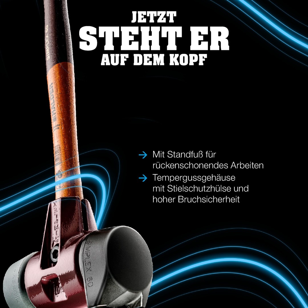 SIMPLEX-Plusbox Starterkit, SIMPLEX-Schonhammer D80, Gummikomposition mit Standfuß / Superplastik sowie je ein TPE-soft und TPE-mid Schlageinsatz plus Flaschenöffner | 3027s025