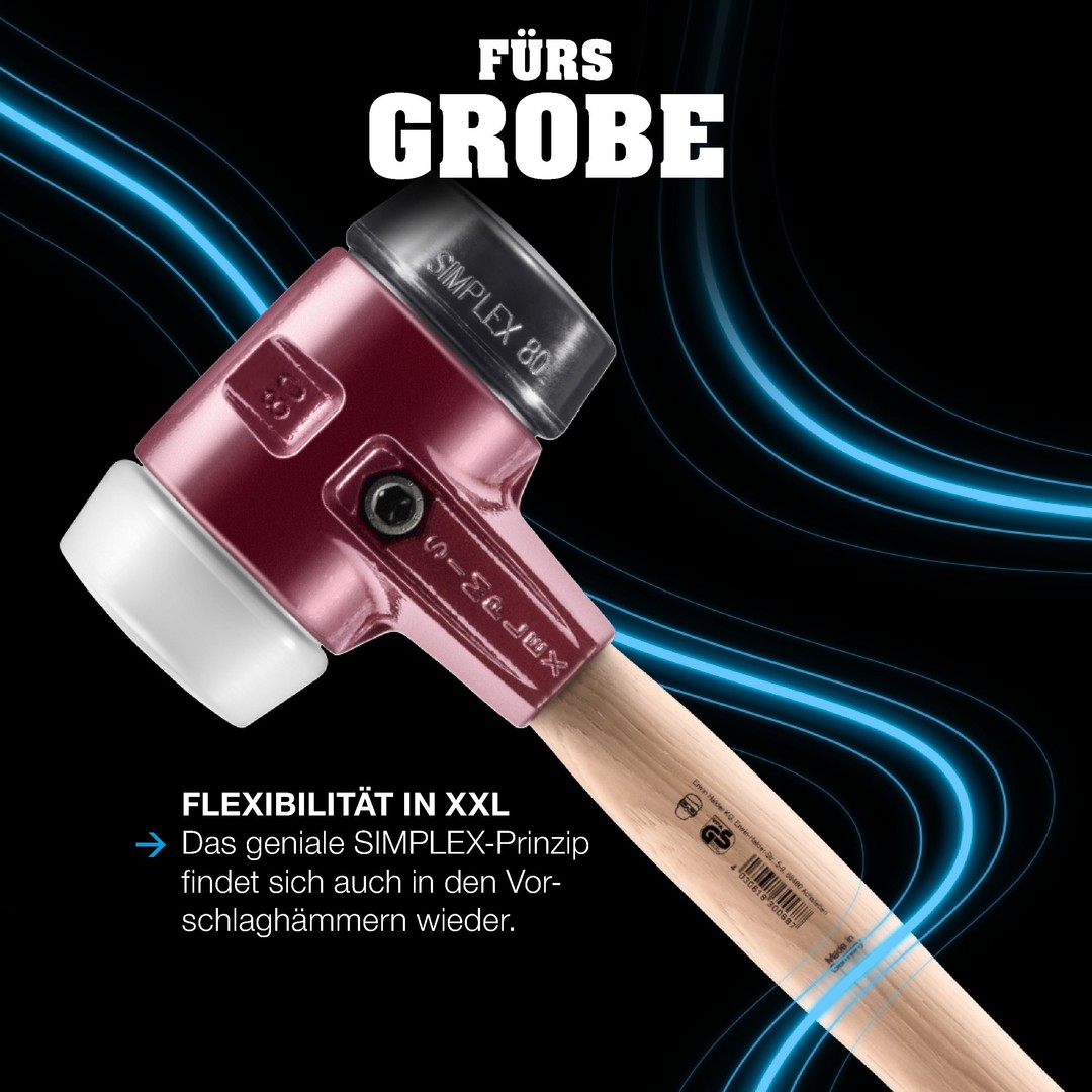SIMPLEX-Vorschlaghammer, Gummikomposition; mit Tempergussgehäuse und Hickorystiel | D=80 mm | 3002.081 SIMPLEX-Vorschlaghammer, Gummikomposition / Superplastik; mit Tempergussgehäuse und Hickorystiel | D=60 mm | 3027.061