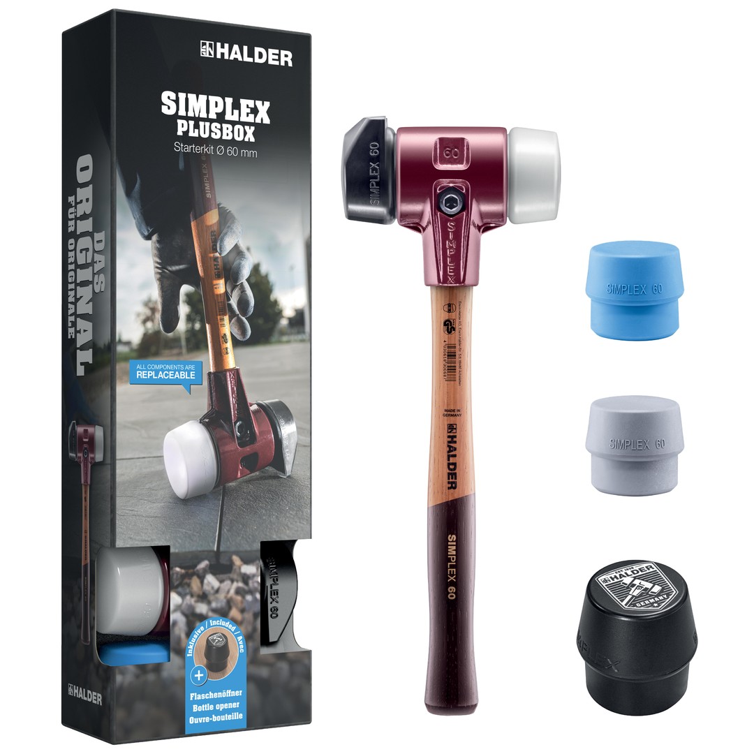 SIMPLEX-Plusbox Starterkit, SIMPLEX-Schonhammer D60, Gummikomposition mit Standfuß / Superplastik sowie je ein TPE-soft und TPE-mid Schlageinsatz plus Flaschenöffner | 3027s026