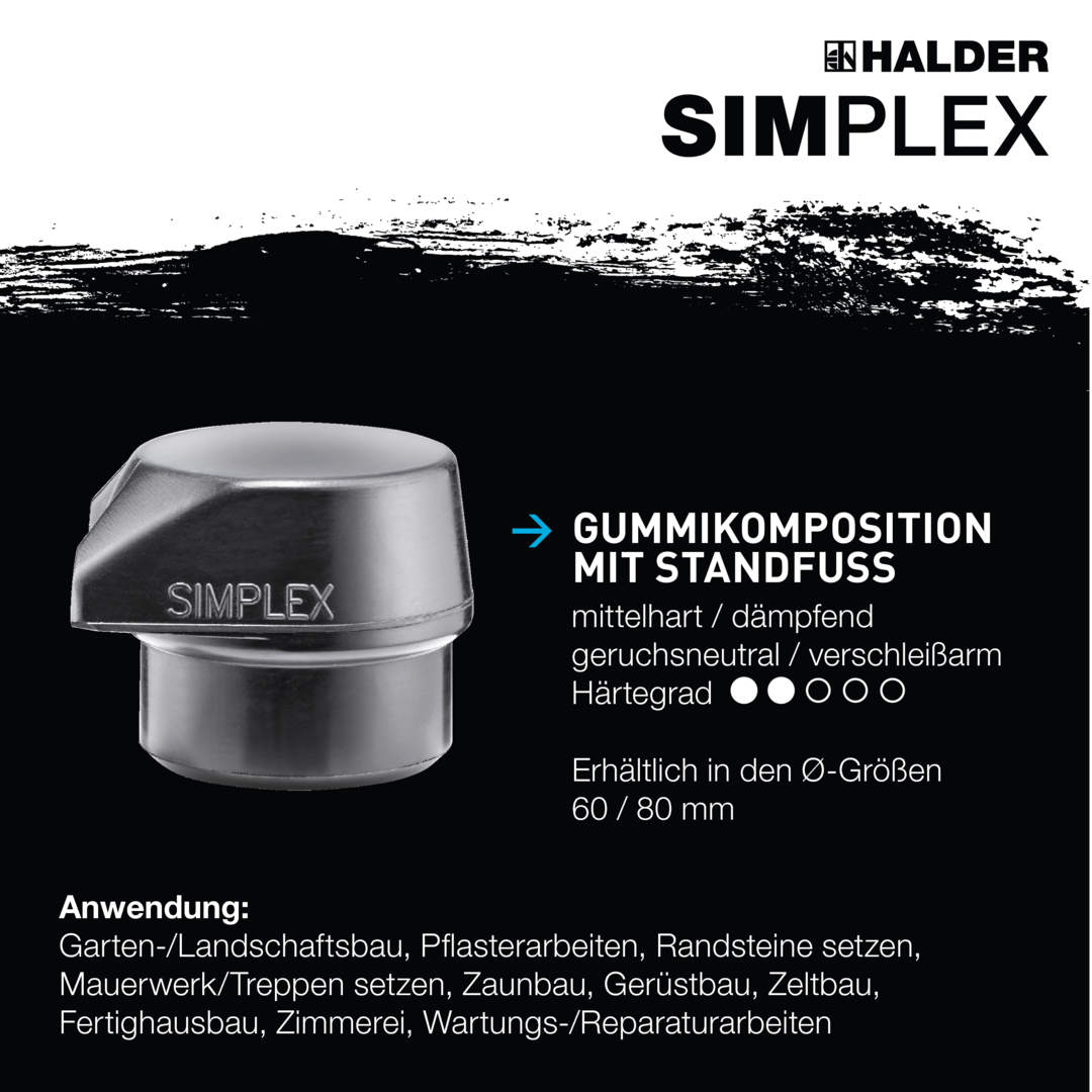 SIMPLEX-Vorschlaghammer, Gummikomposition, mit Standfuß / Superplastik; mit Tempergussgehäuse und Hickorystiel | D=80 mm | 3027.281