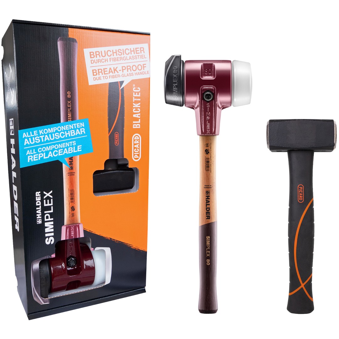 Pudełko "Dreamteam Construction", młotek SIMPLEX z miękkim obuchem D80, gumowa kompozycja ze stojakiem / superplastik i młotek PICARD BlackTec® | 3027s023