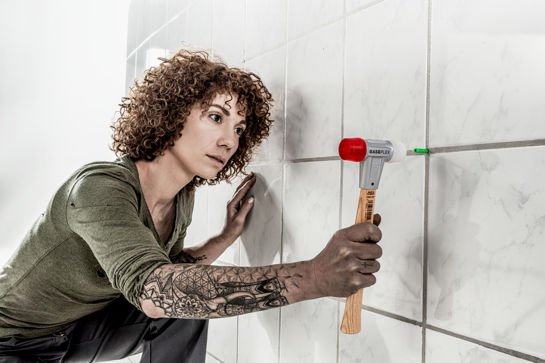 BASEPLEX-Schonhammer, Nylon / Celluloseacetat mit Zinkdruckguss-Gehäuse und Holzstiel | D=50 mm | 3968.050