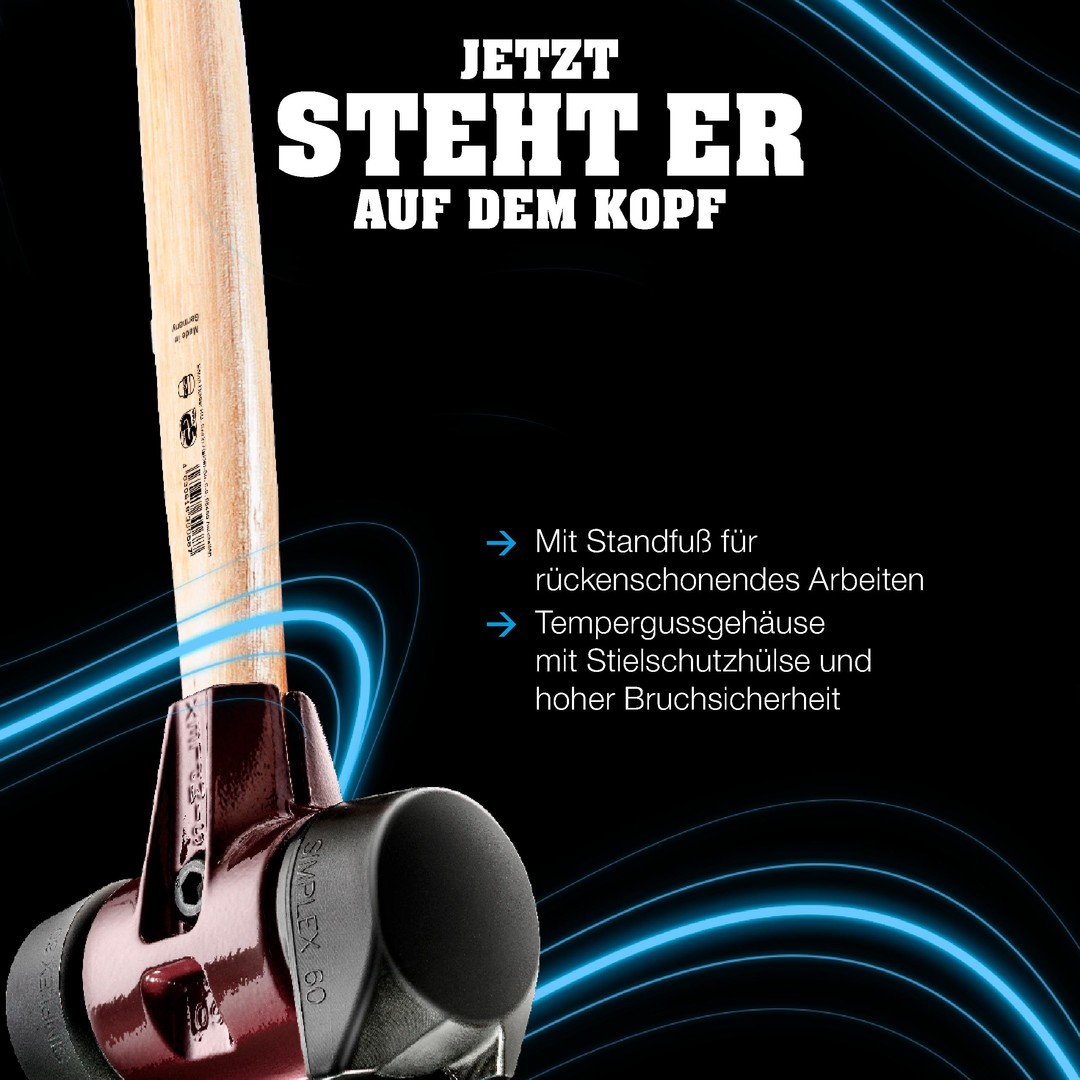 SIMPLEX-Vorschlaghammer, Gummikomposition, mit Standfuß / TPE-soft; mit Tempergussgehäuse und Hickorystiel | D=80 mm | 3012.281
