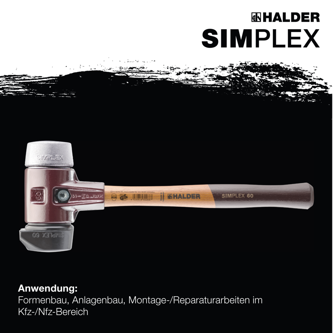 SIMPLEX-Schonhammer, Gummikomposition, mit Standfuß / Weichmetall; mit Tempergussgehäuse und hochwertigem Holzstiel | D=60 mm | 3029.260
