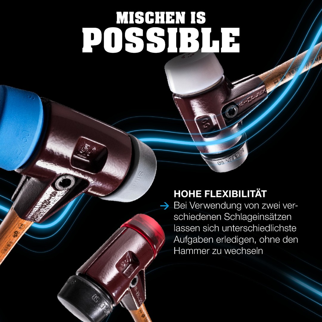SIMPLEX-Plusbox Starterkit, SIMPLEX-Schonhammer D80, Gummikomposition / Superplastik, mit Tempergussgehäuse sowie je ein Schlageinsatz Gummikomposition mit Standfuss plus Cuttermesser | 3027s028