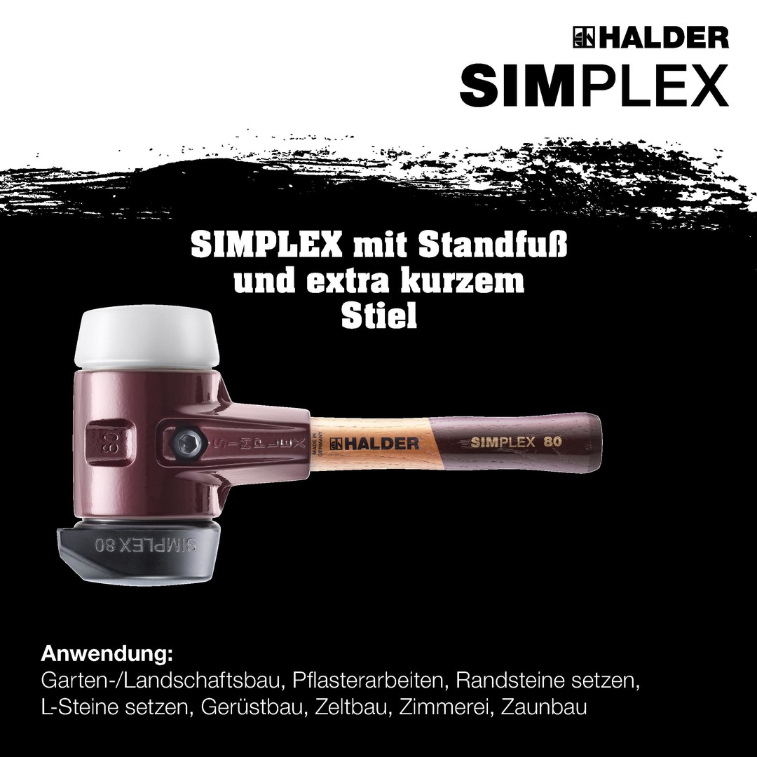 SIMPLEX-Schonhammer, Gummikomposition, mit Standfuß / Superplastik; mit Tempergussgehäuse und hochwertigem extra kurzen Holzstiel | D=60 mm / Stielausführung=extra kurz | 3027.262