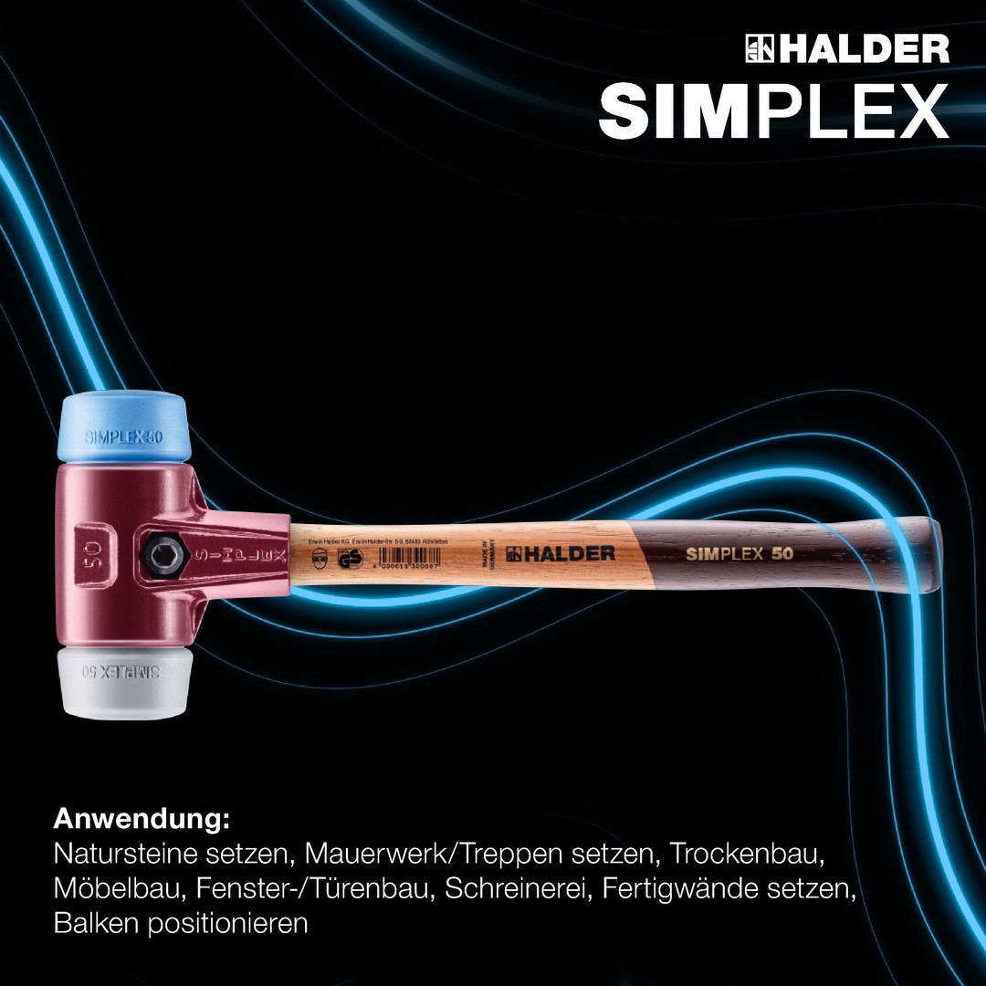Młotek SIMPLEX z miękkim obuchem, TPE-miękki / TPE-średni; z obudową z żeliwa ciągliwego i wysokiej jakości drewnianym trzonkiem | D=80 mm | 3013.080