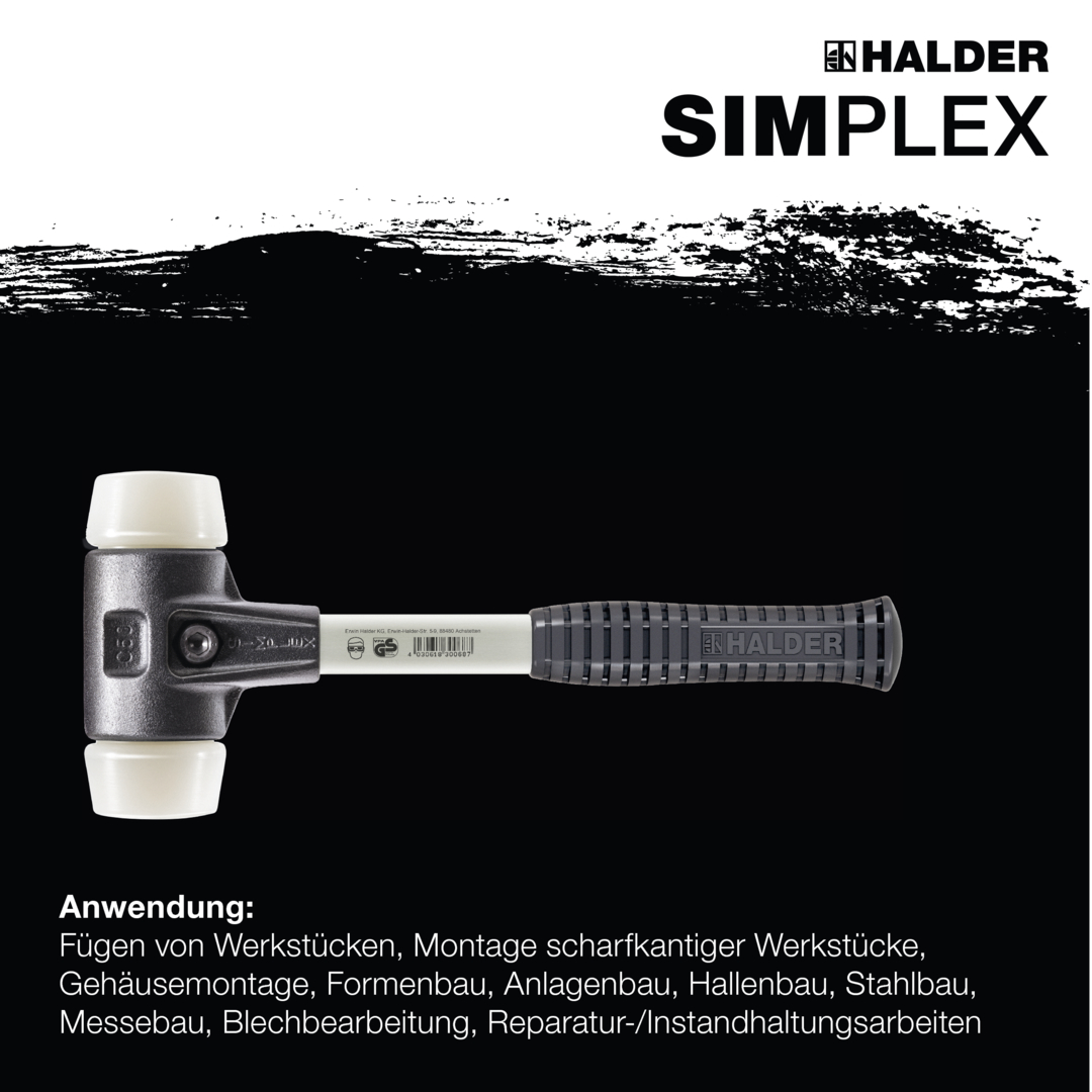 SIMPLEX-Schonhammer, Nylon; mit verstärktem Tempergussgehäuse und Fiberglasstiel | D=60 mm | 3708.060