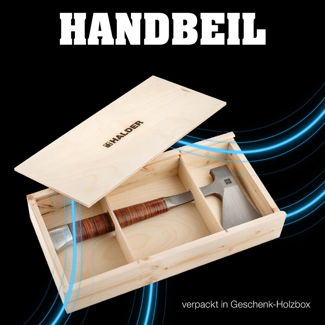 Handbeil, mit Ledergriff, inkl. hochwertiger Ledergürteltasche als Schneidschutz; in attraktiver Geschenk-Holzbox | 3555s001