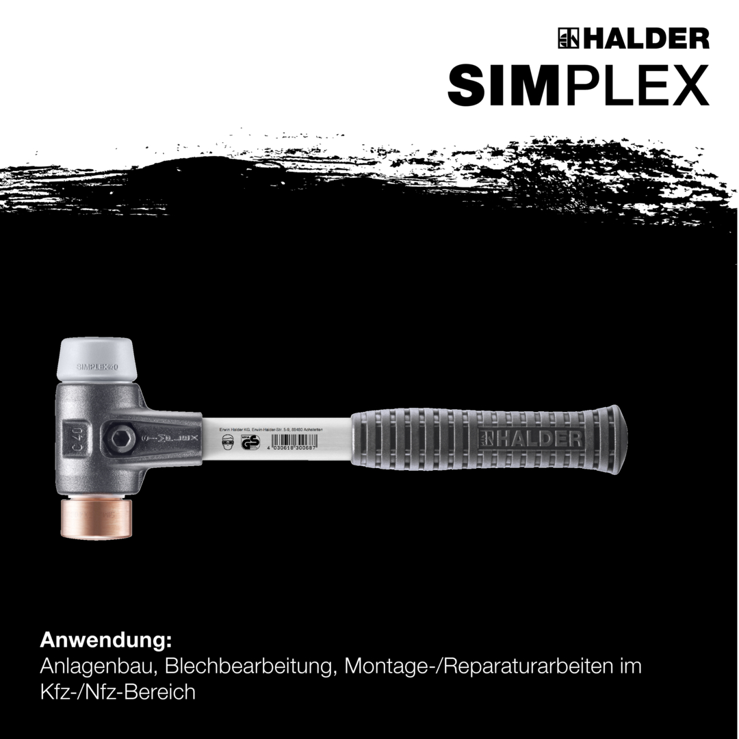 SIMPLEX-Schonhammer, TPE-mid / Kupfer; mit verstärktem Tempergussgehäuse und Fiberglasstiel | D=40 mm | 3734.040