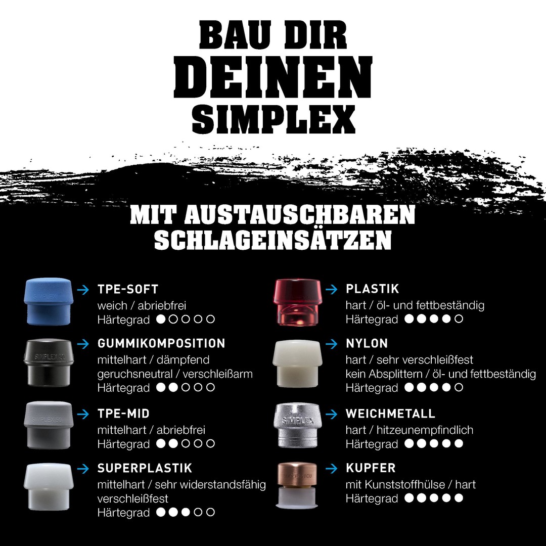 SIMPLEX-Schonhammer, Gummikomposition, mit Standfuß / Superplastik; mit Tempergussgehäuse und hochwertigem extra kurzen Holzstiel | D=60 mm / Stielausführung=extra kurz | 3027.262