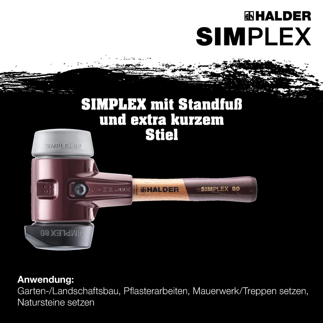 SIMPLEX-Schonhammer, Gummikomposition, mit Standfuß / TPE-mid; mit Tempergussgehäuse und hochwertigem extra kurzen Holzstiel | D=60 mm / Stielausführung=extra kurz | 3023.262