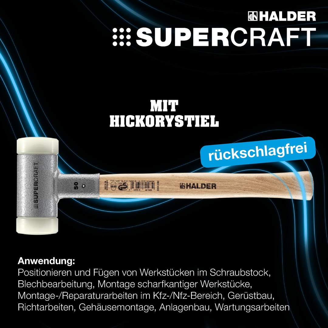 SUPERCRAFT-Schonhammer, mit schwingungsdämpfendem, ergonomisch geformtem und lackiertem Hickorystiel | D=20 mm | 3366.020 Pudełko "Dreamteam Maintenance", młotek SUPERCRAFT z trzonkiem hikorowym i młotek BASEPLEX z trzonkiem hikorowym, octan celulozy / nylon | 3366s001