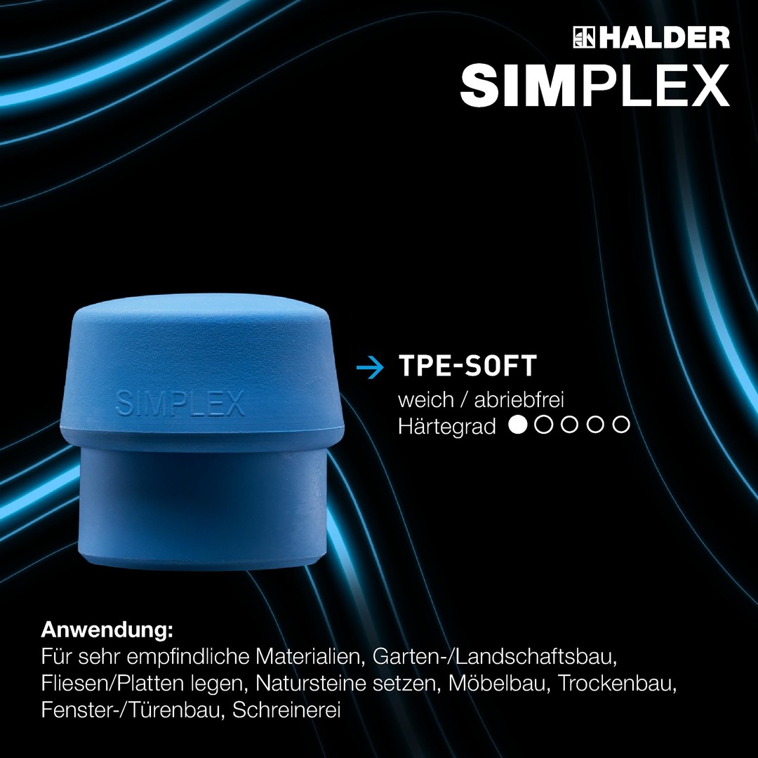 SIMPLEX-Schonhammer, TPE-soft / Gummikomposition; mit Tempergussgehäuse und hochwertigem Holzstiel | D=30 mm | 3012.030 SIMPLEX-Plusbox Starterkit Alu SIMPLEX-Schonhammer D60, TPE-soft / TPE-mid, mit Aluminiumgehäuse sowie je ein Schlageinsatz Gummikomposition und Superplastik plus Cuttermesser | EH 3113s004