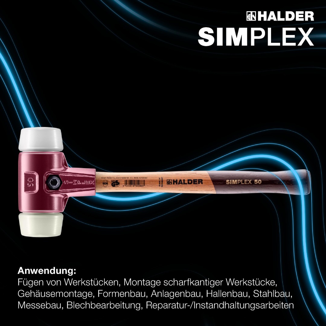 Młotek SIMPLEX z miękkim obuchem, superplastik / nylon; z obudową z żeliwa ciągliwego i wysokiej jakości drewnianym trzonkiem | D=80 mm | 3078.080