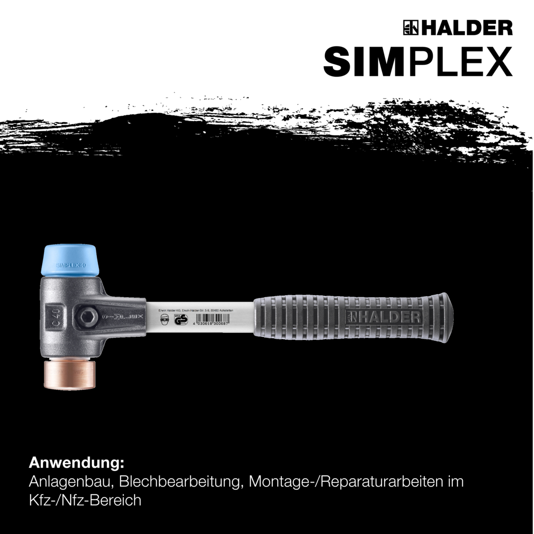 SIMPLEX-Schonhammer, TPE-soft / Kupfer; mit verstärktem Tempergussgehäuse und Fiberglasstiel | D=40 mm | 3714.040