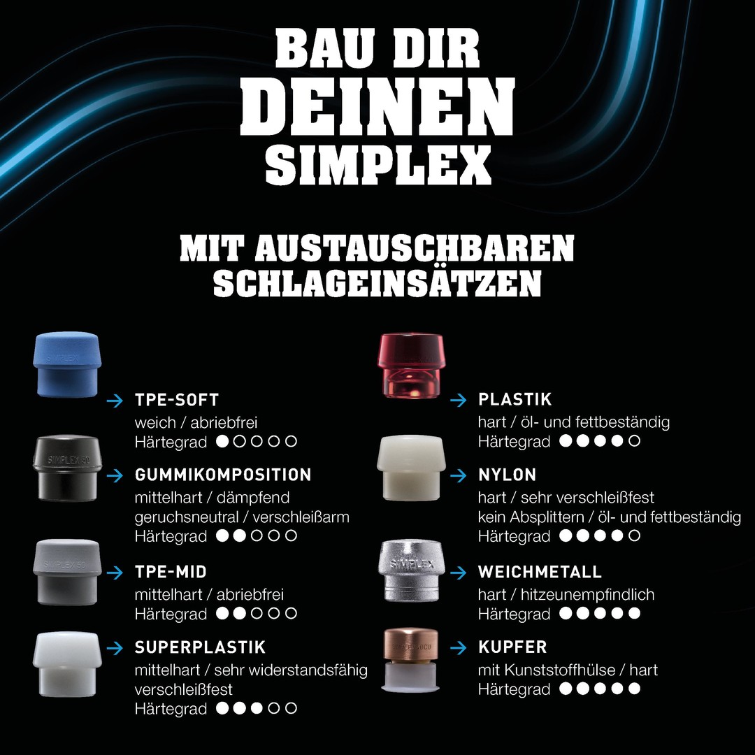 SIMPLEX-Plusbox Starterkit, SIMPLEX-Schonhammer D80, Gummikomposition / Superplastik, mit Tempergussgehäuse sowie je ein Schlageinsatz Gummikomposition mit Standfuss plus Cuttermesser | 3027s028
