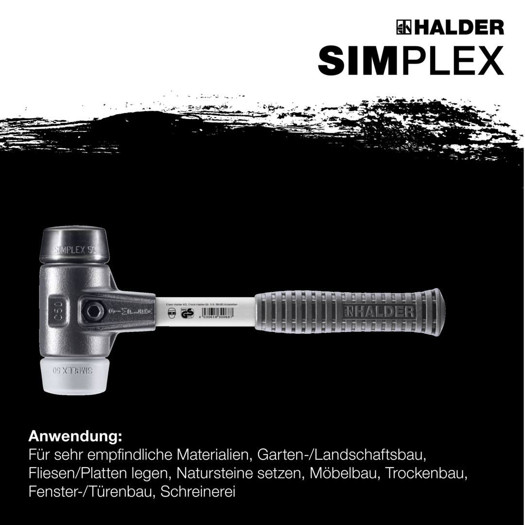 SIMPLEX-Schonhammer, Gummikomposition / TPE-mid; mit verstärktem Tempergussgehäuse und Fiberglasstiel | D=60 mm | 3723.060