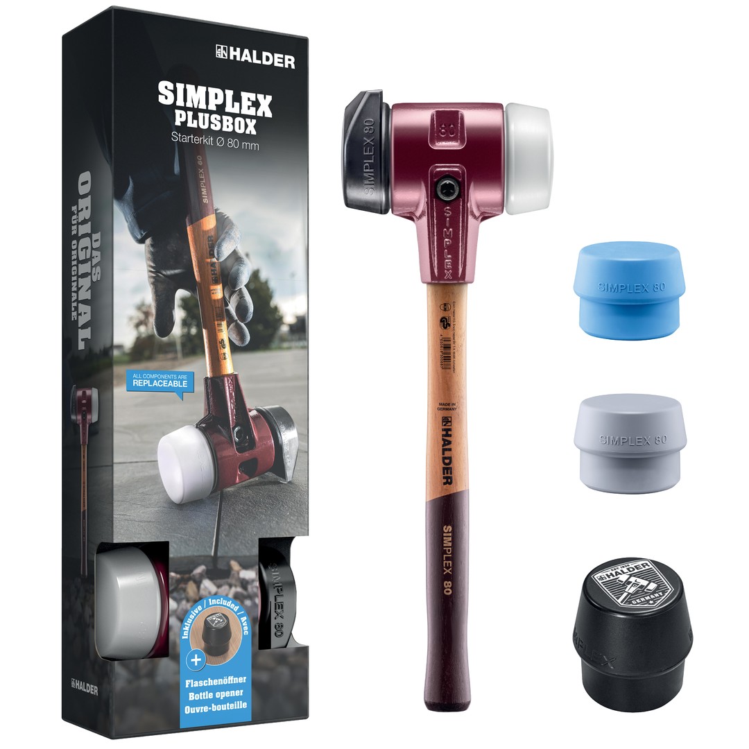 SIMPLEX-Plusbox Starterkit, SIMPLEX-Schonhammer D80, Gummikomposition mit Standfuß / Superplastik sowie je ein TPE-soft und TPE-mid Schlageinsatz plus Flaschenöffner | 3027s025