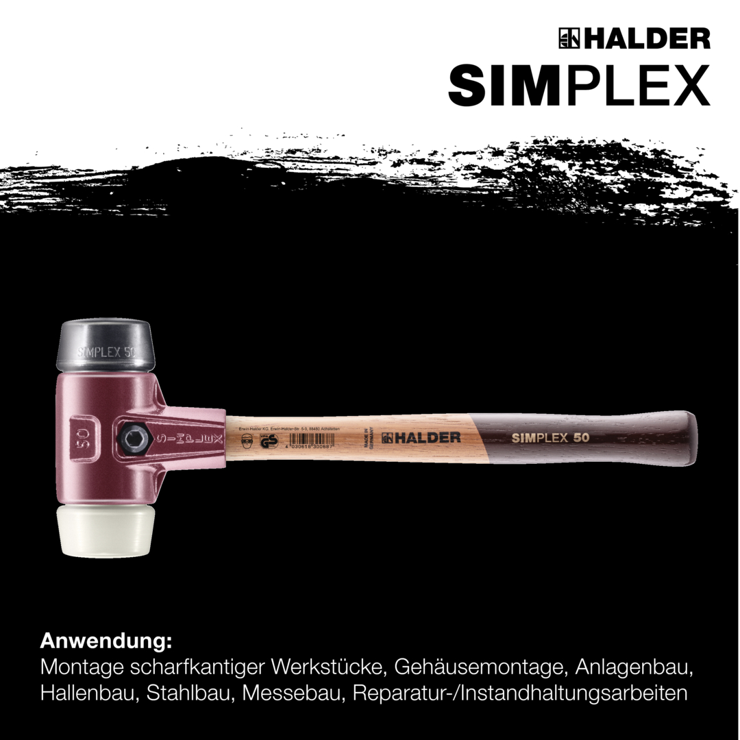 SIMPLEX-Schonhammer, Gummikomposition / Nylon; mit Tempergussgehäuse und hochwertigem Holzstiel | D=80 mm | 3028.080