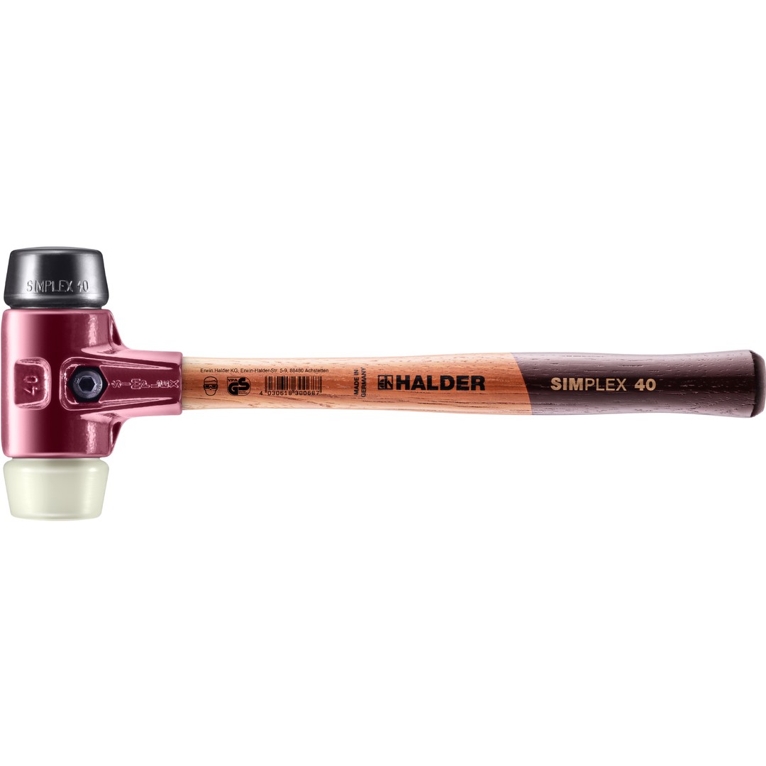 SIMPLEX-Schonhammer, Gummikomposition / Nylon; mit Tempergussgehäuse und hochwertigem Holzstiel | D=40 mm | 3028.040