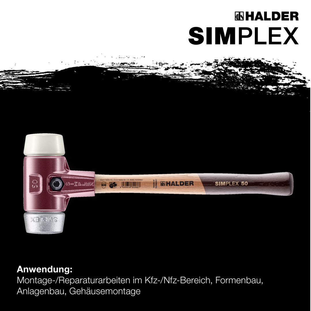 SIMPLEX-Schonhammer, Nylon / Weichmetall; mit Tempergussgehäuse und hochwertigem Holzstiel | D=50 mm | 3089.050