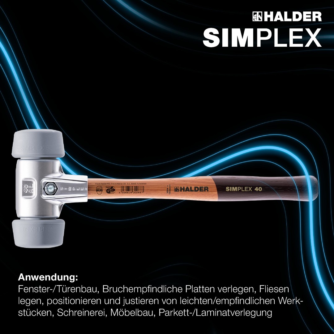 SIMPLEX-Schonhammer, 50:40, TPE-mid; mit Aluminiumgehäuse und hochwertigem Holzstiel | D=50 mm | 3103.051