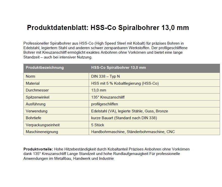Wiertło kręte HSS Co Ø 13 mm 205476 DIN 338 Typ VA Wiertło ze stali nierdzewnej Wiercenie kobaltowe
