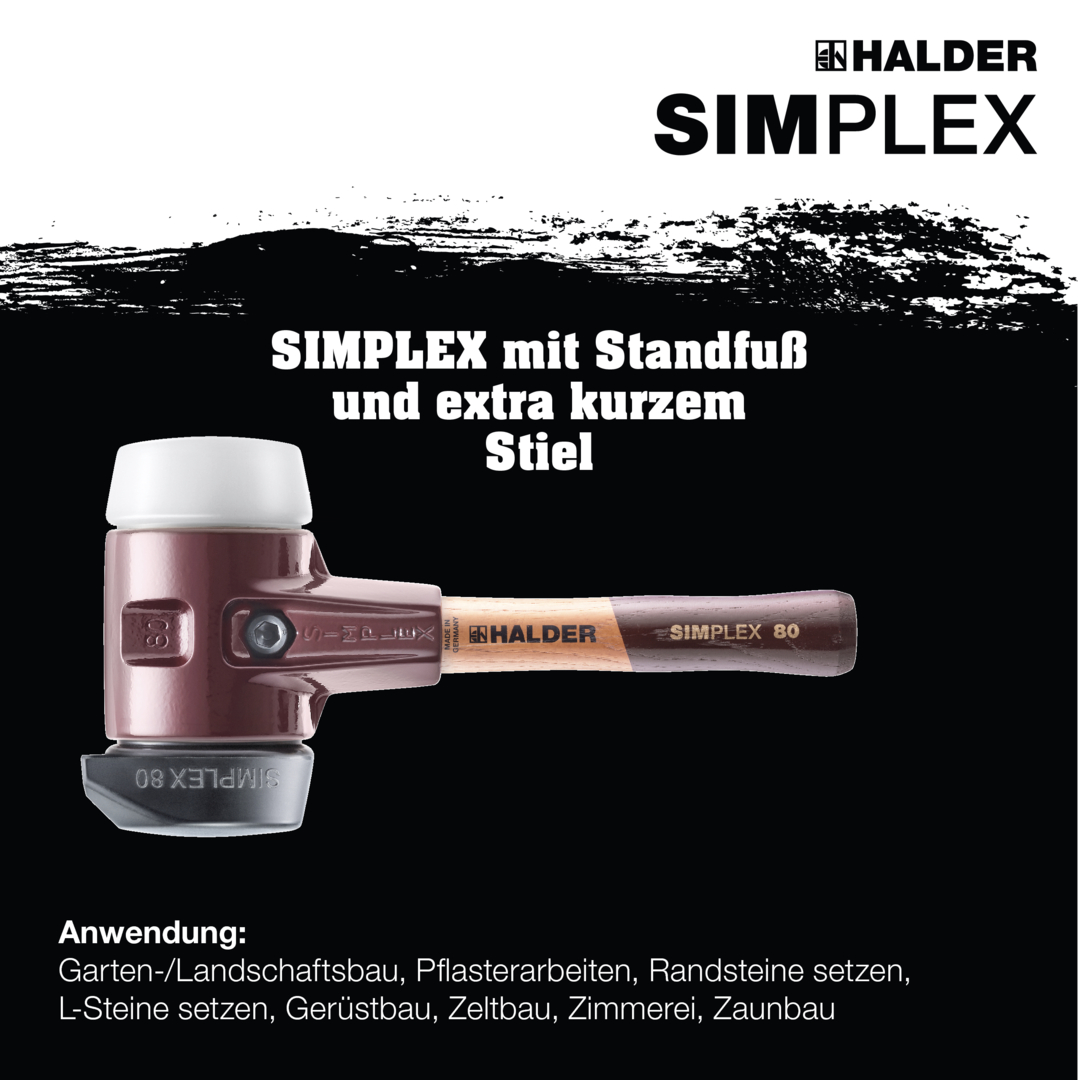 SIMPLEX-Schonhammer, Gummikomposition, mit Standfuß / Superplastik; mit Tempergussgehäuse und hochwertigem extra kurzen Holzstiel | D=80 mm / Stielausführung=extra kurz | 3027.282