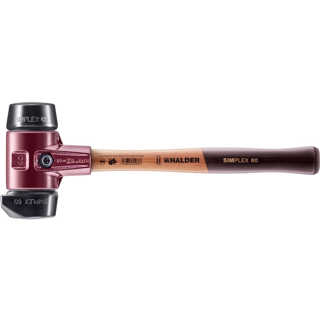 Młotek z miękkim obuchem SIMPLEX, gumowy, ze stojakiem; z obudową z żeliwa ciągliwego i wysokiej jakości drewnianym trzonkiem | D=60 mm | 3022.260