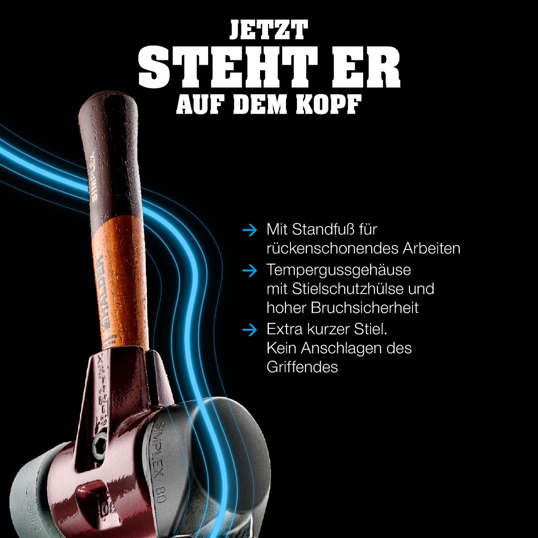 SIMPLEX-Schonhammer, Gummikomposition, mit Standfuß / Superplastik; mit Tempergussgehäuse und hochwertigem extra kurzen Holzstiel | D=60 mm / Stielausführung=extra kurz | 3027.262