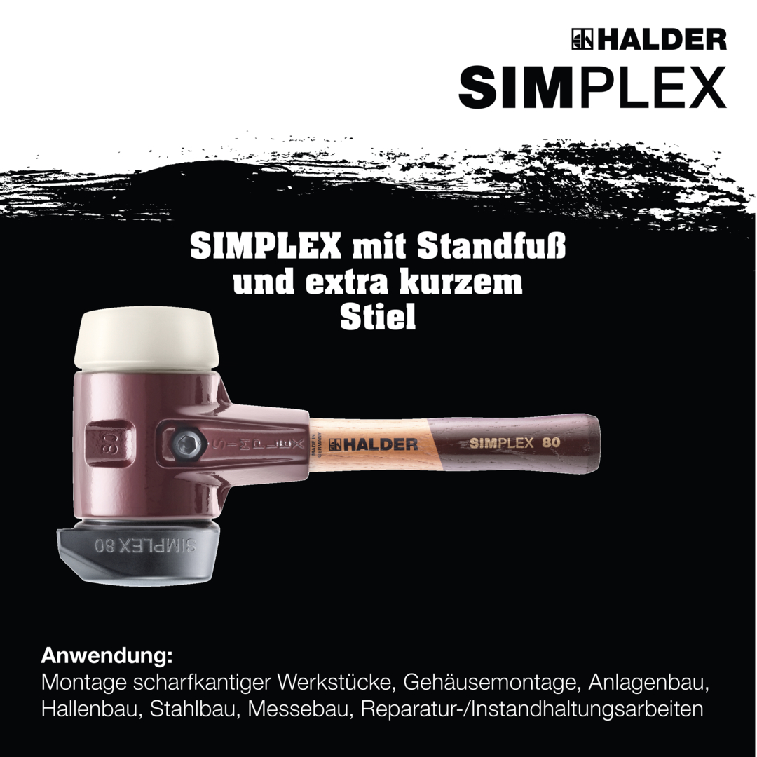 SIMPLEX-Schonhammer, Gummikomposition, mit Standfuß / Nylon; mit Tempergussgehäuse und hochwertigem extra kurzen Holzstiel | D=80 mm / Stielausführung=extra kurz | 3028.282