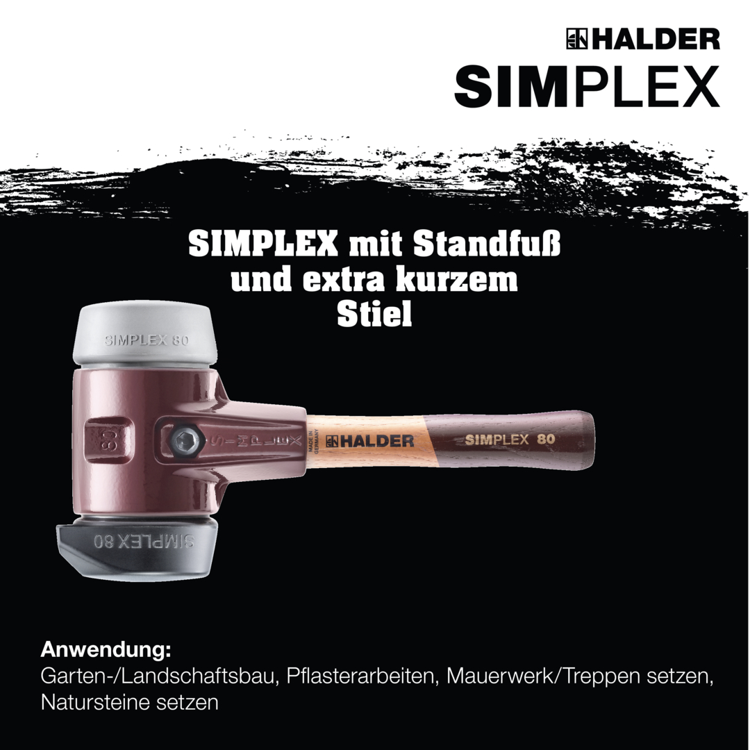 SIMPLEX-Schonhammer, Gummikomposition, mit Standfuß / TPE-mid; mit Tempergussgehäuse und hochwertigem extra kurzen Holzstiel | D=80 mm / Stielausführung=extra kurz | 3023.282