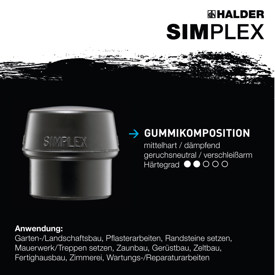 SIMPLEX-Schonhammer, Gummikomposition, mit Standfuß / Weichmetall; mit Tempergussgehäuse und hochwertigem Holzstiel | D=60 mm | 3029.260