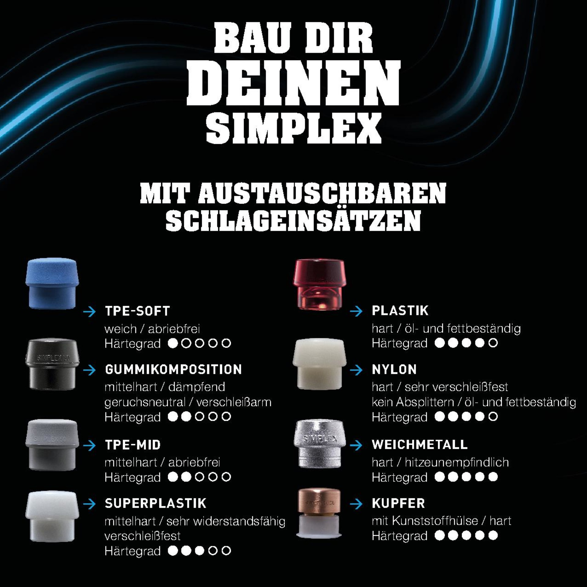 SIMPLEX-Schonhammer, Gummikomposition mit Standfuß / Superplastik; mit verstärktem Tempergussgehäuse und Fiberglasstiel | D=60 mm | 3727.260