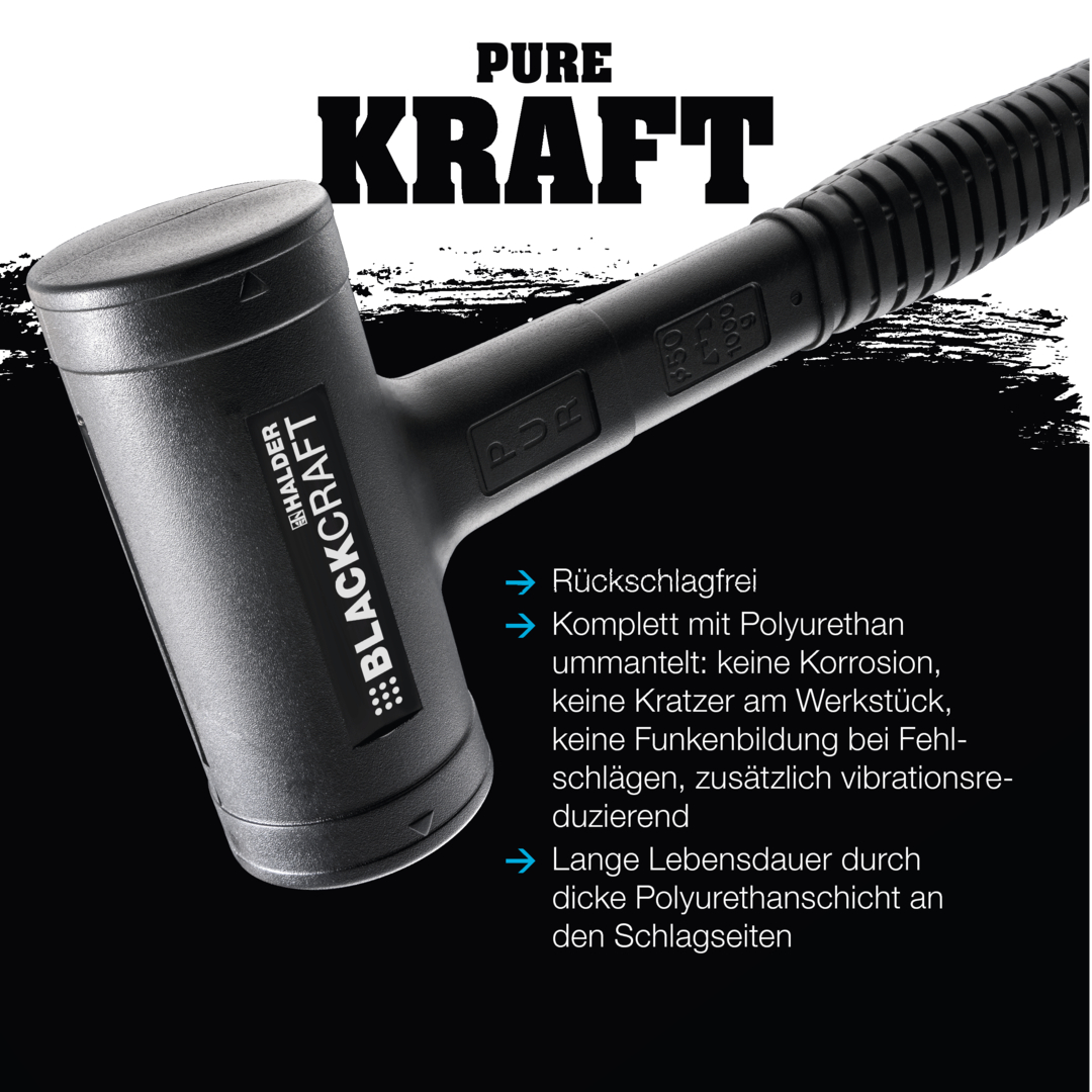 BLACKCRAFT-Schonhammer, mit bruchsicherem Stahlrohrstiel, PUR ummantelt und ergonomisch geformtem, rutschsicherem Griff | D=50 mm | 3379.050