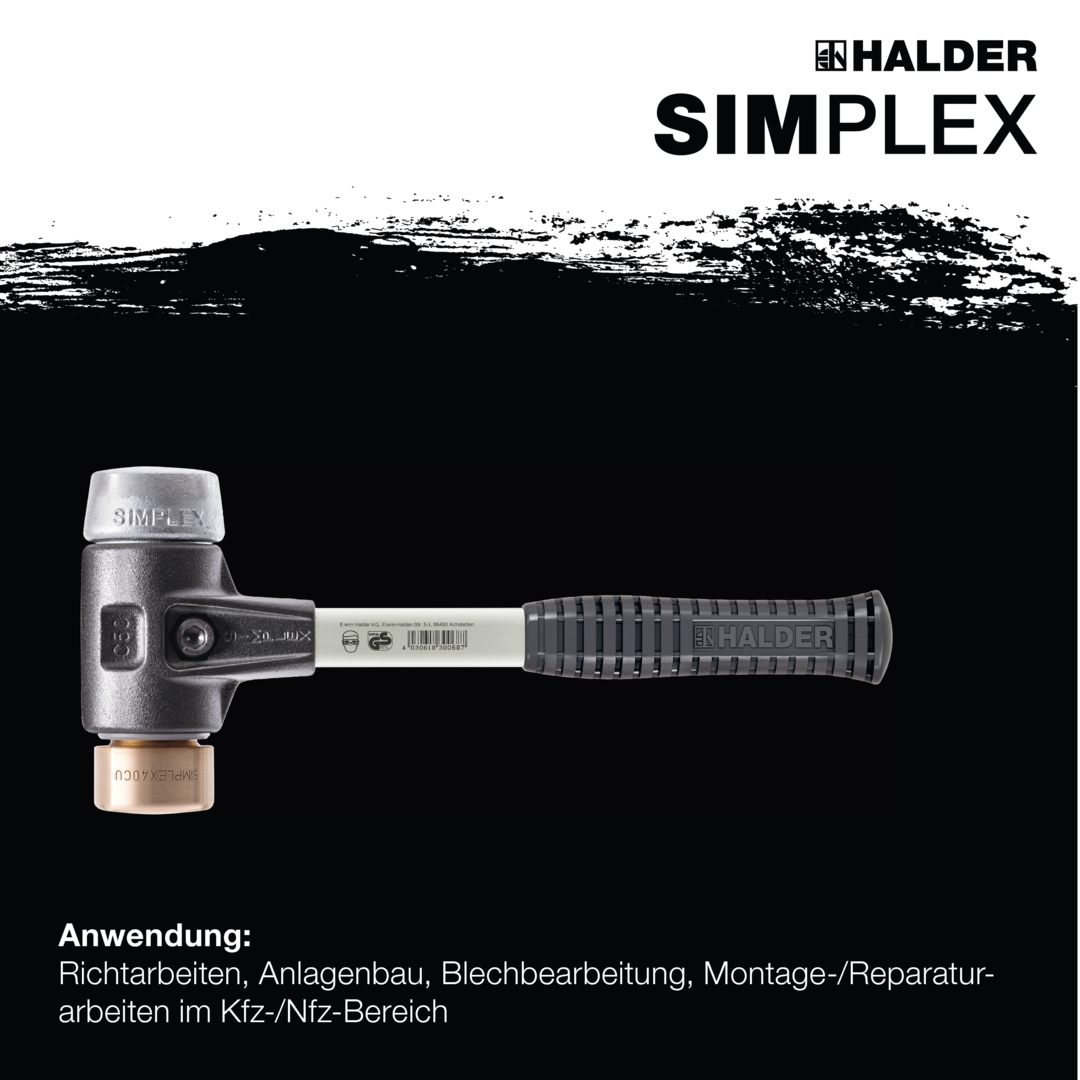 SIMPLEX-Schonhammer, Kupfer / Weichmetall; mit verstärktem Tempergussgehäuse und Fiberglasstiel | D=40 mm | 3749.040