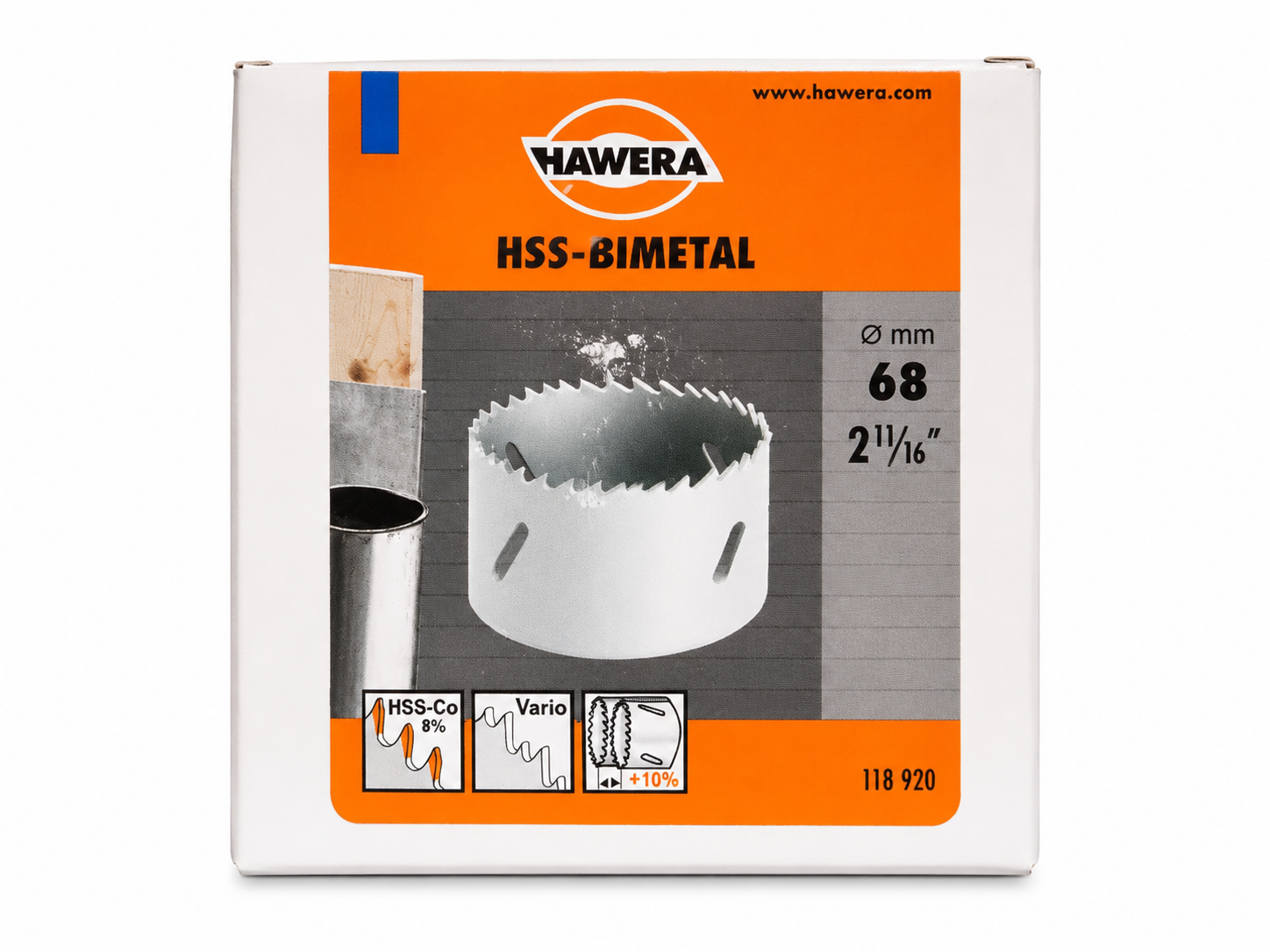 HAWERA HSS-Bimetall Lochsäge Ø68mm 118920 Dosensenker Kunststoff Alu Metall Holz