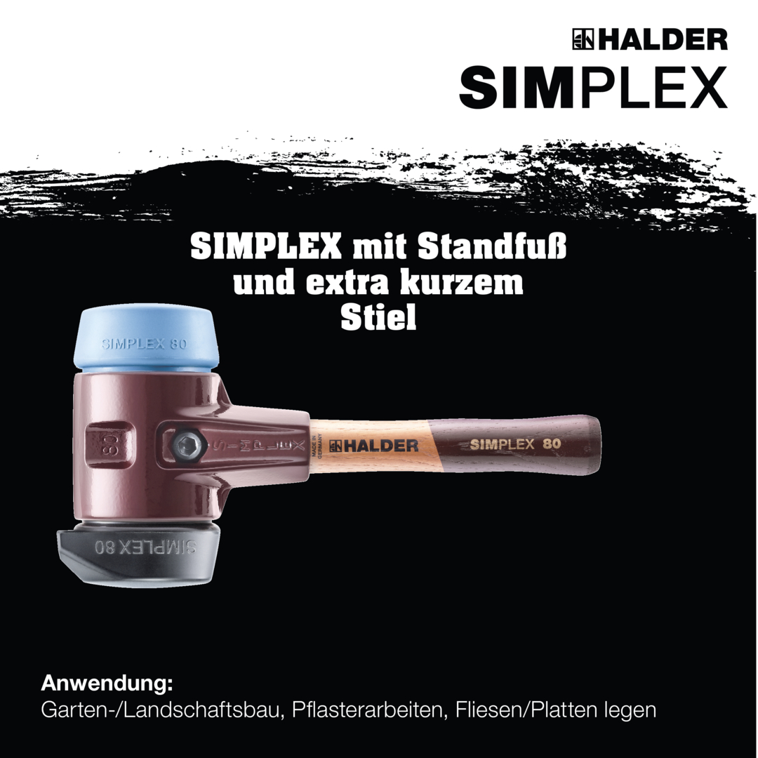 SIMPLEX-Schonhammer, Gummikomposition, mit Standfuß / TPE-soft; mit Tempergussgehäuse und hochwertigem extra kurzen Holzstiel | D=80 mm / Stielausführung=extra kurz | 3012.282