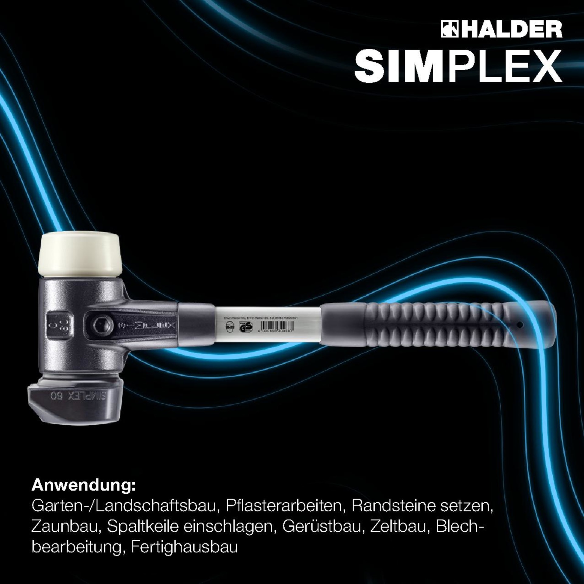 SIMPLEX-Schonhammer, Gummikomposition mit Standfuß / Nylon; mit verstärktem Tempergussgehäuse und Fiberglasstiel | D=80 mm | 3728.280