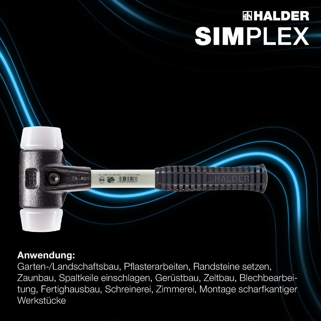 Młotek SIMPLEX z miękkim obuchem, superplastyczny; ze wzmocnionym korpusem z żeliwa ciągliwego i trzonkiem z włókna szklanego | D=80 mm | 3707.080